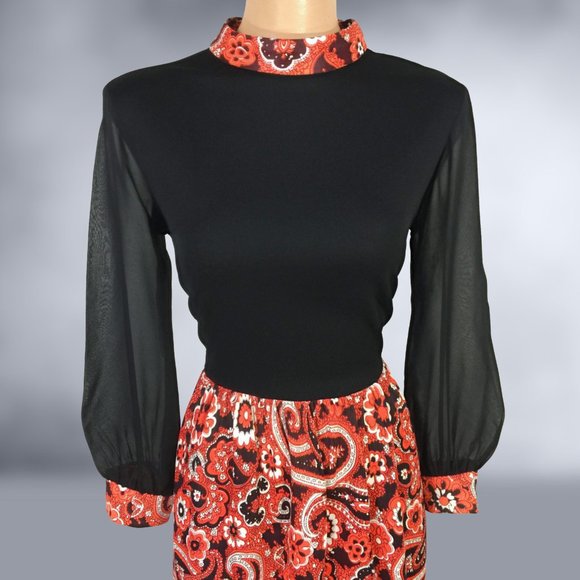 VINTAGE 70s Sheer Bishop Sleeve Paisley Print Maxi Dress size 12 - Picture 3 of 8